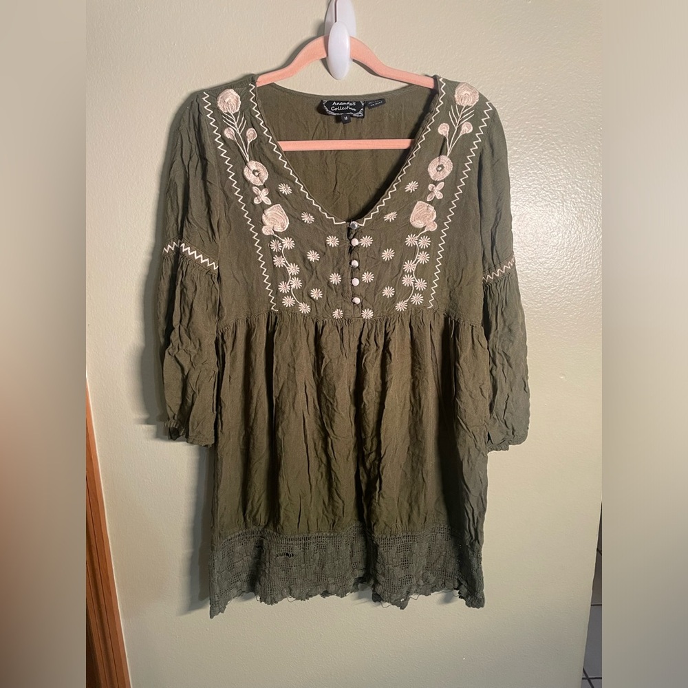 Ananda's Collection Boho Peasant Mini Shirt Dress Green Women's Size M
